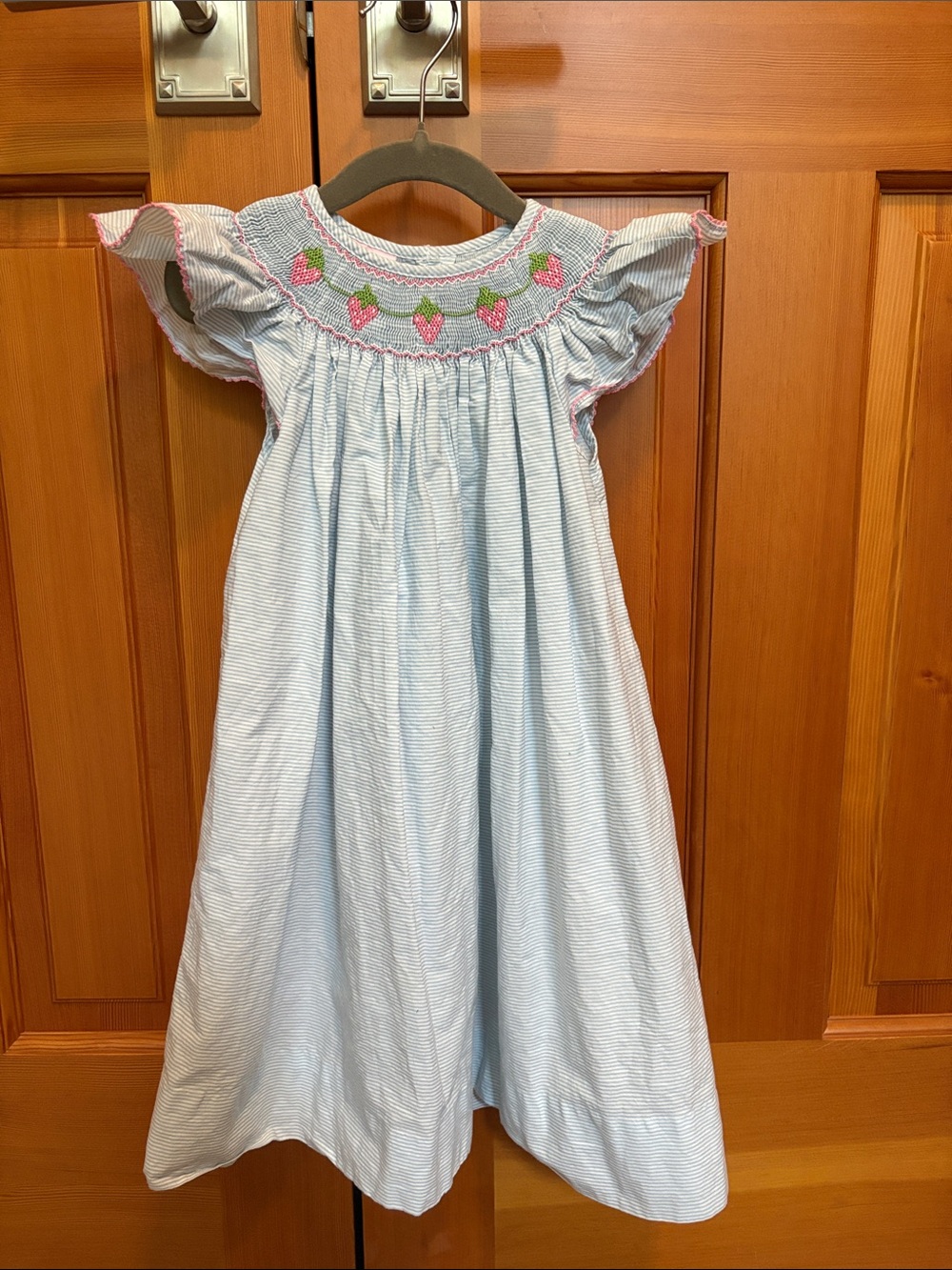 Petit Bebe Light Blue Smocked Strawberry Dress 4T
